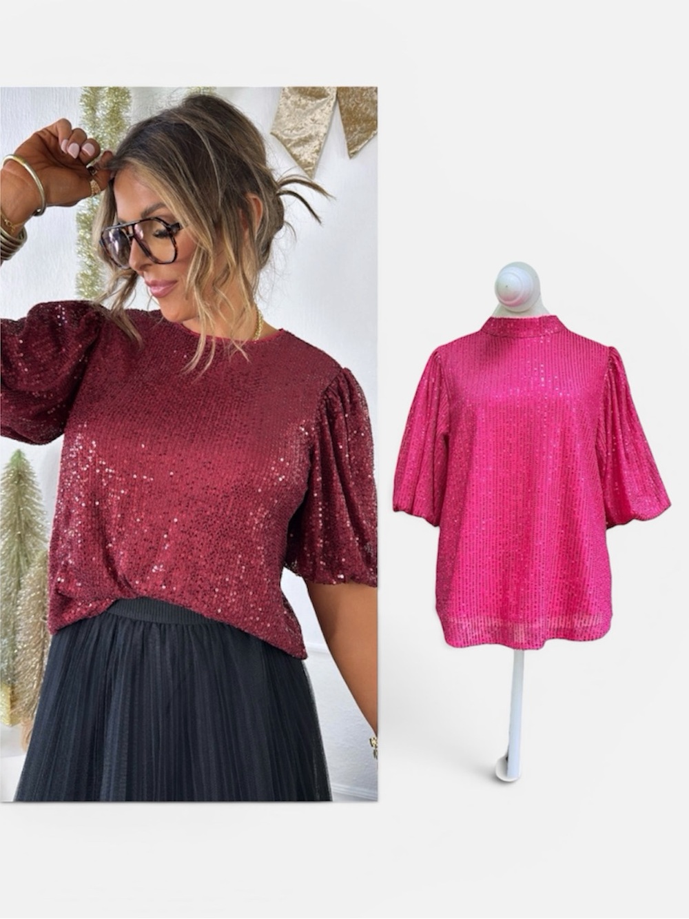 Anthropologie THML Puff Sleeve Sequin Blouse in Fuchsia (Pink) Size Medium